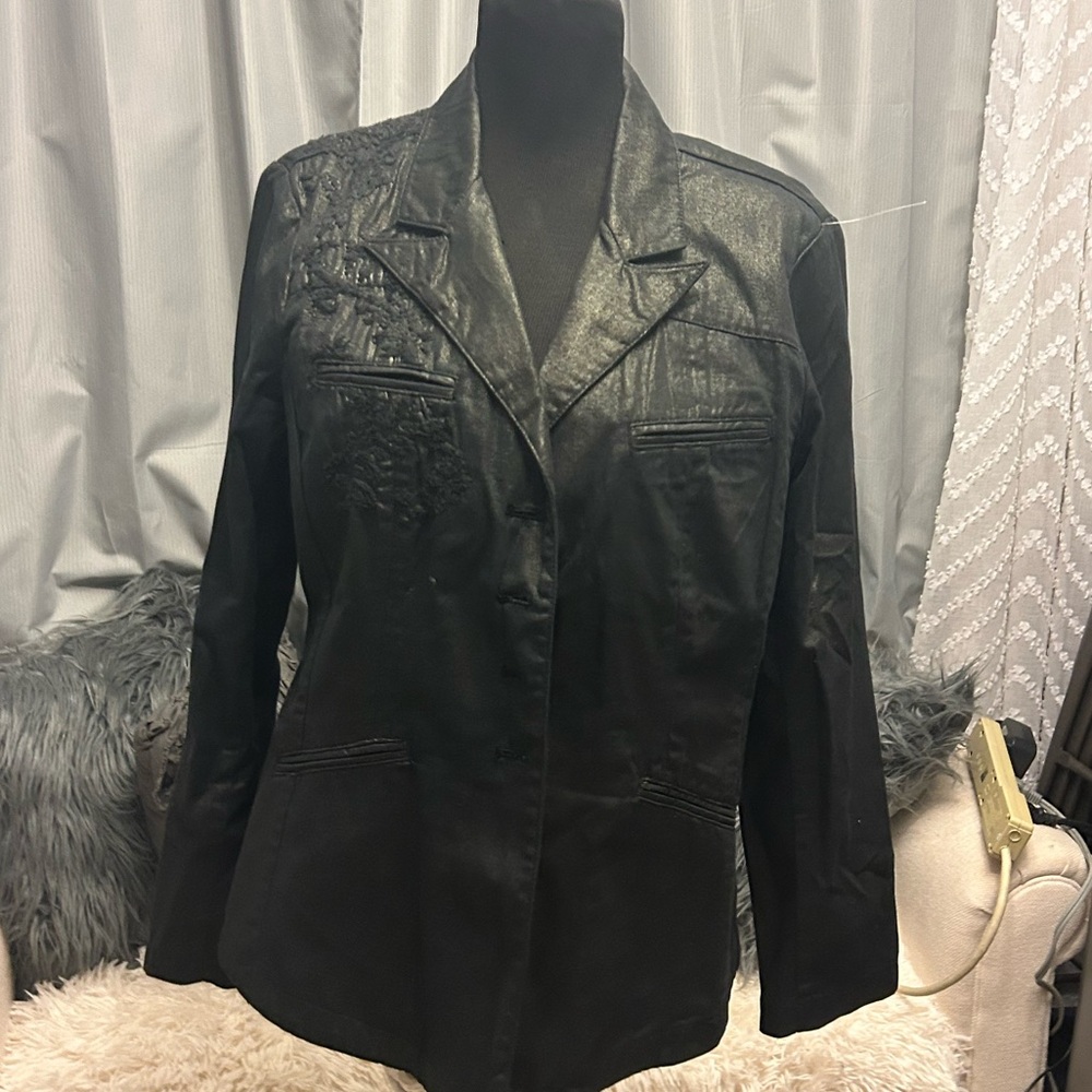 $19 sale Coldwater Creek Black embroidered Riding Jacket size 10 cotton